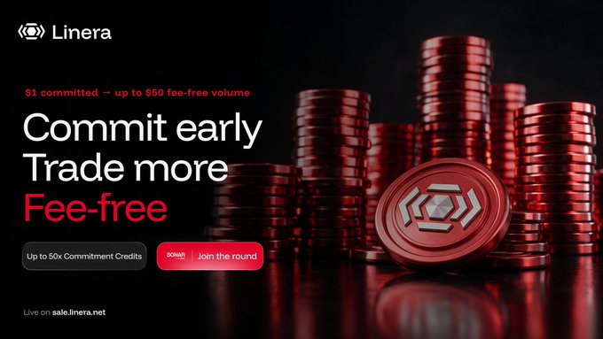 The image is a promotional banner for Linera featuring red metallic coins and a branded token, advertising a trading incentive with text reading "Commit early, Trade more, Fee-free," noting "$1 committed → up to $50 fee-free volume" and "Up to 50x Commitment Credits," with a call-to-action to "Join the round" via sale.linera.net. It relates to the post about optimizing commitment credits on the Linera platform, as the banner highlights the early-commitment rewards users can earn through trading activity.