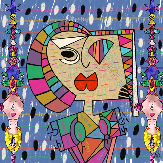 A colorful, abstract mixed-media artwork depicting a face in profile constructed from geometric shapes, surrounded by patterned borders and stylized animal figures on a blue, textured background.