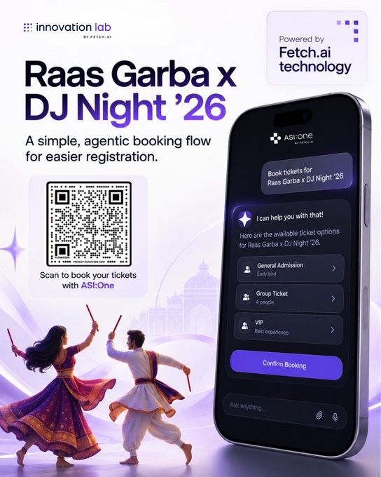 A promotional graphic for 'Raas Garba x DJ Night '26' featuring a QR code, figures dancing in traditional Indian attire, and a smartphone displaying the ASI:One booking interface powered by Fetch.ai.