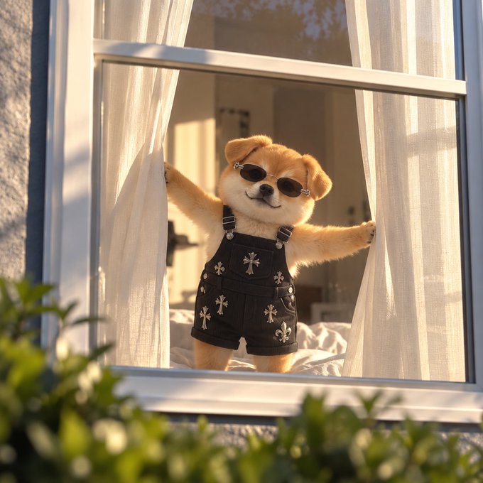 Stylized image of an adorable fluffy dog wearing sunglasses and black overalls with decorative studs, standing at an open window pulling back the curtains.