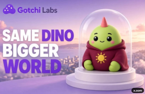 A promotional banner for 'Gotchi Labs' featuring a green dinosaur-like mascot in a maroon hoodie under a glass dome with the text 'SAME DINO BIGGER WORLD' against a purple cityscape background.