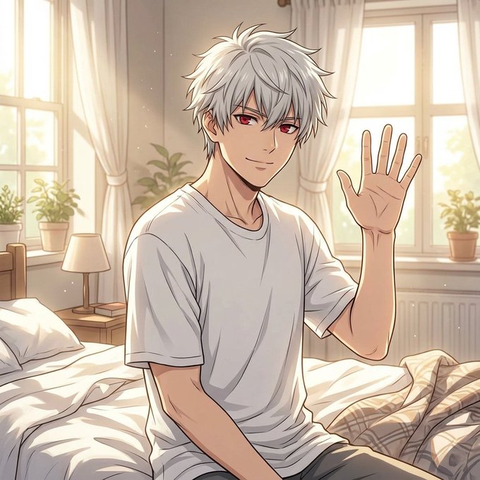 An anime-style illustration of a young man with white hair and red eyes sitting on a bed in a sunlit room, smiling and waving his hand.