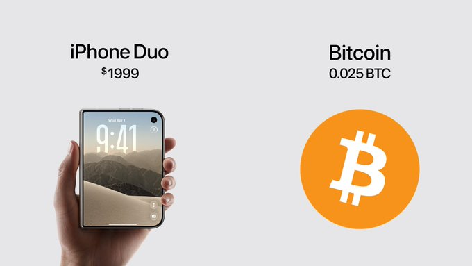 A comparison image showing an 'iPhone Duo' priced at $1999 alongside the Bitcoin logo representing 0.025 BTC.