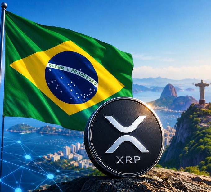 A Brazilian flag waves in the background with the Christ the Redeemer statue visible in Rio de Janeiro, alongside a large XRP (Ripple) cryptocurrency coin in the foreground.