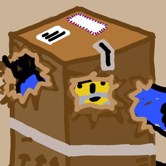 A crude digital drawing of a damaged brown cardboard box with holes, revealing a yellow shocked face inside and blue substance spilling out from torn openings.