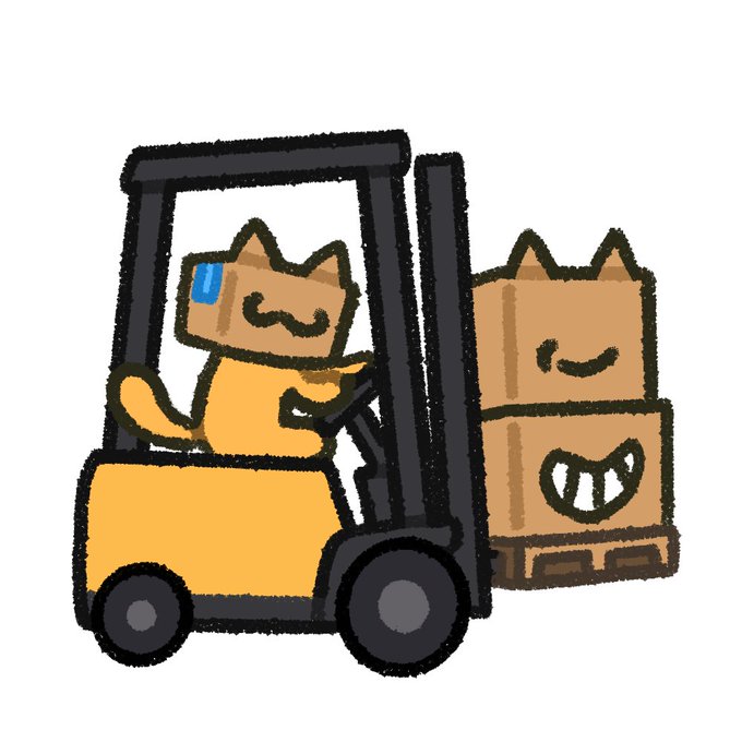 A cartoon illustration of a yellow cat operating a forklift to move a cardboard box with a grinning cat face on it.