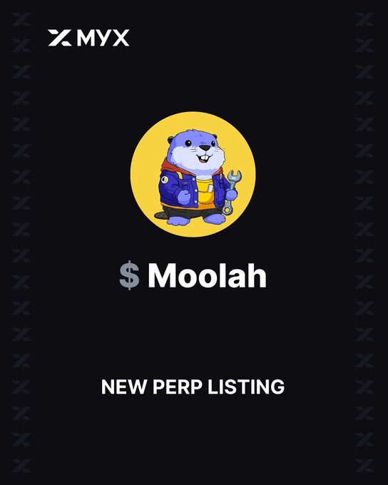 A MYX exchange promotional graphic announcing a new perpetual futures listing for the meme coin "$Moolah," featuring a cartoon bear mechanic mascot holding a wrench against a yellow circular background. The post celebrates the addition of $MOOLAH/USDT perpetual trading on MYX V2 with up to 10x leverage and on-chain liquidity.
