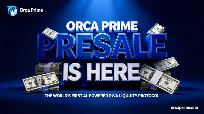 The image presents an advertisement for Orca Prime, which is being referred to as "the world's first AI-powered RWA liquidity protocol". It features a blue background with stacks of $5 million cash positioned at various heights. The title of the post reads: "Orca Prime Presale Is Here", and it highlights the success of the first round of angel rounds, stating that 90% of assets have been raised for this particular strategy.