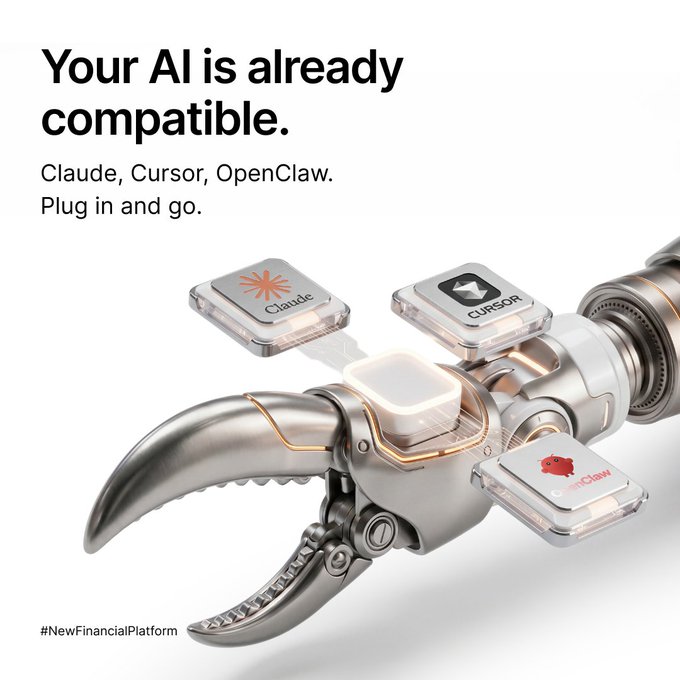 A sleek robotic claw grabs onto square chips labeled "Claude," "Cursor," and "OpenClaw," with bold text reading "Your AI is already compatible. Claude, Cursor, OpenClaw. Plug in and go." The ad promotes Bybit's AI Subaccount feature, visually emphasizing how the platform seamlessly integrates with various AI tools.