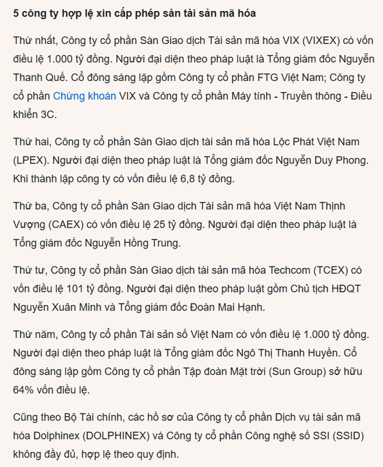 Vietnamese text article titled '5 công ty hợp lệ xin cấp phép sàn tài sản mã hóa' listing five companies applying for crypto asset exchange licenses such as VIXEX, CAEX, and TCEX.