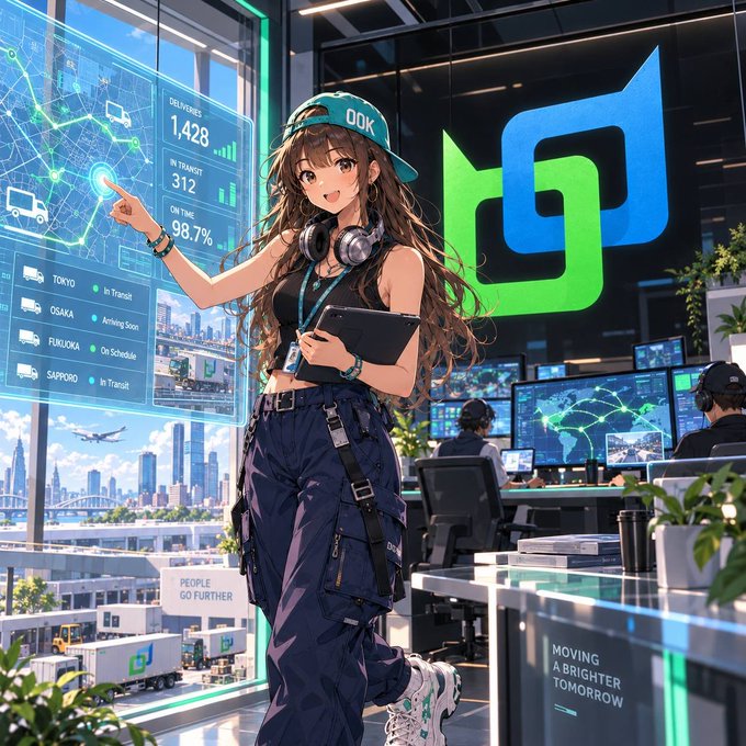 An anime-style illustration depicts a cheerful girl in a cap and headphones pointing at a logistics control screen; visible dashboard text includes 'DELIVERIES 1,428', 'IN TRANSIT 312', 'ON TIME 98.7%', and a list of cities like 'TOKYO' and 'OSAKA', alongside a large green and blue 'bd' logo.