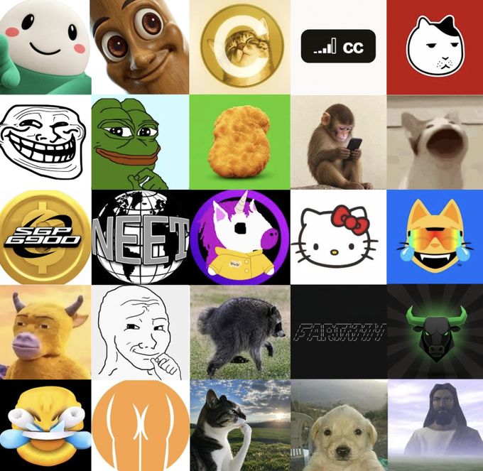 A grid of 25 meme coin thumbnails is displayed, featuring popular characters and icons like Pepe the Frog, a Shiba Inu puppy, Wojak, Hello Kitty, and the Holy Cow, alongside cryptocurrency logos and tickers such as "S&P 6900," "NEET," and "FARTCOIN." The collage visually represents the retail-driven meme coins the poster is watching for incoming buying activity.