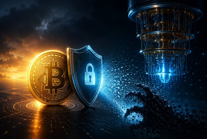 A digital artwork featuring a golden Bitcoin coin next to a blue shield with a padlock icon, set against a backdrop of a digital/quantum computing tower and a dramatic sky.