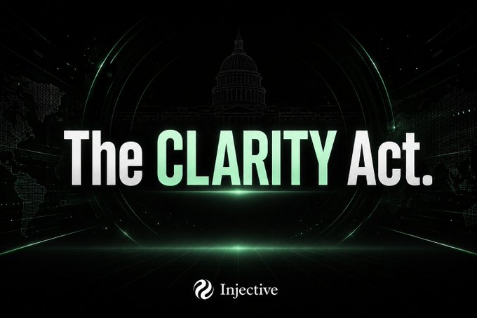 A promotional graphic with a dark green background featuring the U.S. Capitol dome, displaying the text 'The CLARITY Act.' alongside the Injective logo.