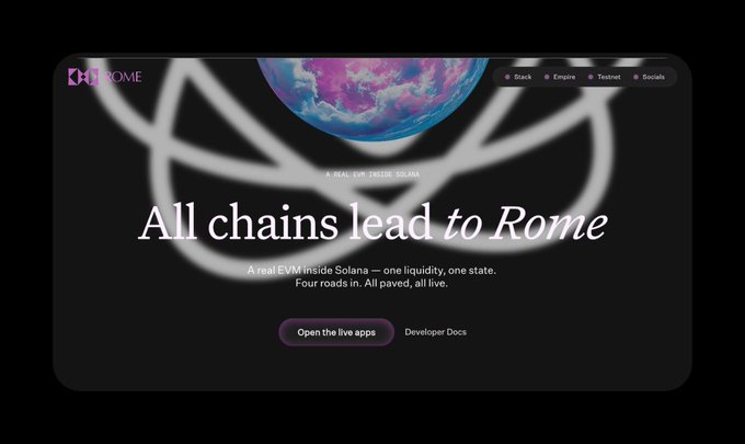 The image shows a landing page for "Rome" featuring a stylized cosmic/atom-like design with a planet, displaying the headline "All chains lead to Rome" and the tagline "A REAL EVM INSIDE SOLANA," along with buttons for "Open the live apps" and "Developer Docs."

The image visually reinforces the post's discussion of Rome Protocol by showcasing its core value proposition—creating an EVM environment within Solana with unified liquidity—through the headline and tagline that emphasize eliminating the need for separate liquidity pools across different blockchain environments.