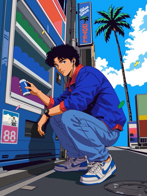 A stylish anime character in a blue jacket and Nike sneakers crouches by a vending machine holding a blue can, set against a palm tree and bright blue sky backdrop featuring "Blue Wave" signage and the number "88." The image's vibrant, trendy aesthetic complements the giveaway's appeal, evoking a cool, collectible vibe suited to engaging followers in a MiraipopNFT raffle.