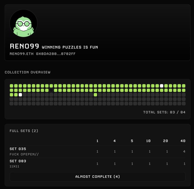 A collection overview for user RENO99 showing total sets at 83/84, with full sets including Set 035 (FUCK OPEPEN) and Set 083 (11X11).