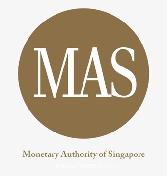 The official logo of the Monetary Authority of Singapore (MAS), featuring a brown circle with white 'MAS' lettering and the full agency name below, marked as 'Annual Report 2013/14'.