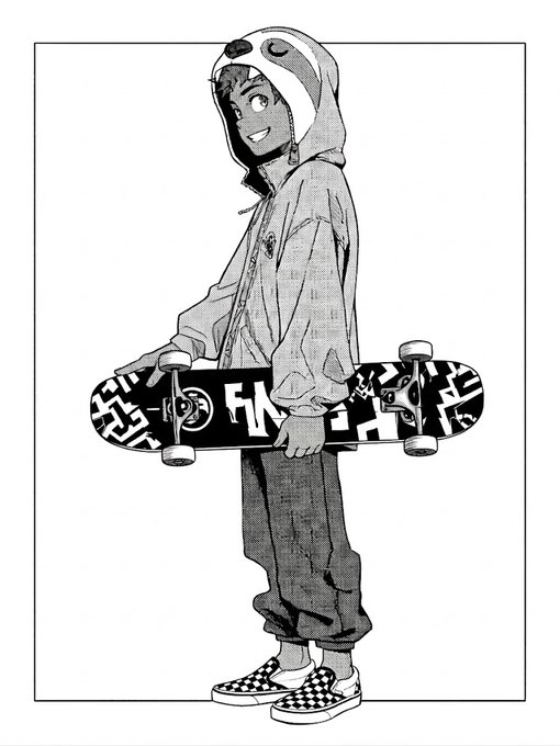 A black and white manga-style illustration of a smiling character in a hoodie holding a skateboard, wearing checkered slip-on shoes.