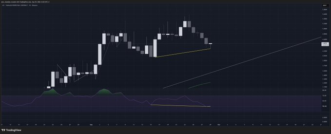 A dark-themed financial candlestick chart from TradingView showing monthly asset price action with volume indicators at the bottom.