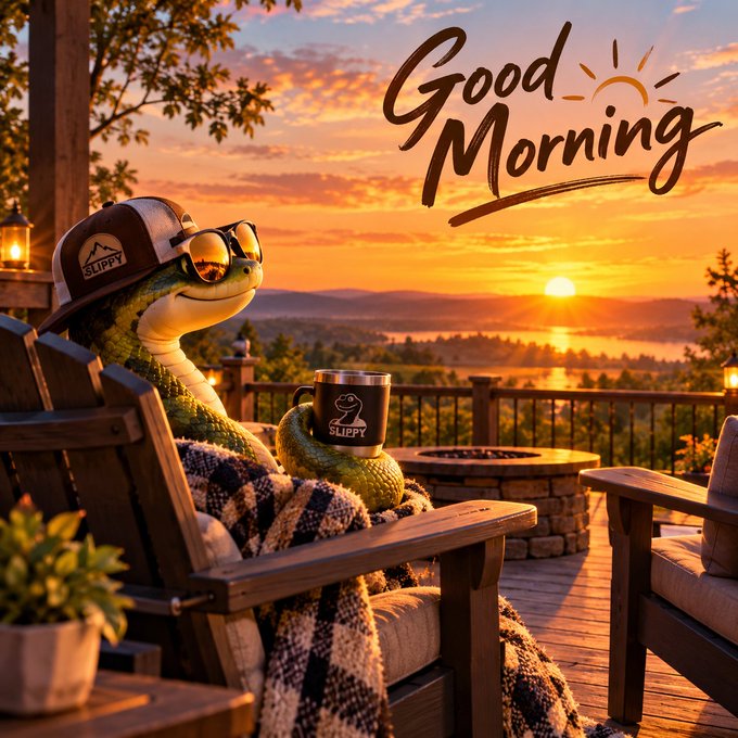 A 3D-rendered snake character wearing a 'SLIPPY' cap and sunglasses, sitting in a chair holding a 'SLIPPY' mug while watching a sunrise, with 'Good Morning' text and a sun graphic in the upper right.
