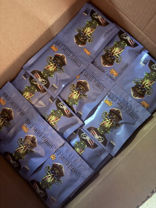 An open cardboard box filled with bags of 'Dried Salted Peanuts' in blue/green packaging featuring a cartoon pirate mascot.