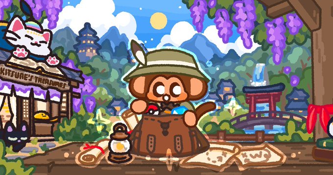 A pixel art scene from a video game showing a monkey character wearing a safari hat and backpack, sitting on a wooden counter with maps and a lantern, set against a backdrop of a Japanese village with a 'Kitsune's Treasures' shop and wisteria trees.