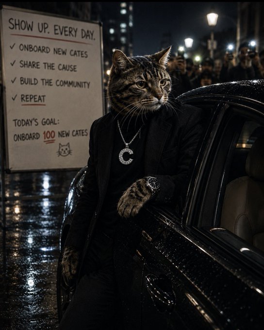 A sharply dressed cat in a suit and "$C" medallion leans out of a black car at night, standing beside a whiteboard that reads "SHOW UP. EVERY DAY. ONBOARD NEW CATES / SHARE THE CAUSE / BUILD THE COMMUNITY / REPEAT" with a goal to onboard "100 NEW CATES," fitting the "$CATE on solana" hustle-culture theme.