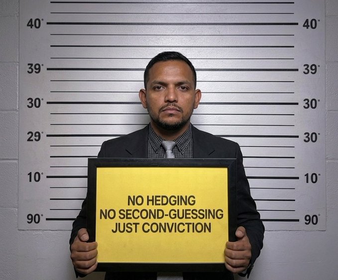 The image features a man standing against a white wall, holding up a yellow sign that reads "NO Hedging. NO SECOND GUESSING. JUST CONVICT." The man appears to be posing for a photo or participating in an event related to this message. The background of the image is a white wall with black bars, which could potentially be part of a security setup or a courtroom setting.