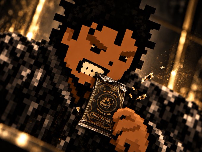 A Bored Ape NFT image with pixelated/blocky digital art style, featuring a 'Bored A... Yacht Club Mudwater' package in the foreground against a golden background.