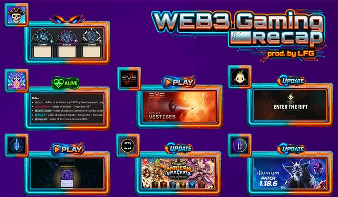 A purple "WEB3 Gaming Recap by LFG" graphic displays various game tiles, including "VESTIGES," "ENTER THE RIFT," "StarSharks," "MODERN WARBRACKETS," and "illuvium BATCH 1.18.6."