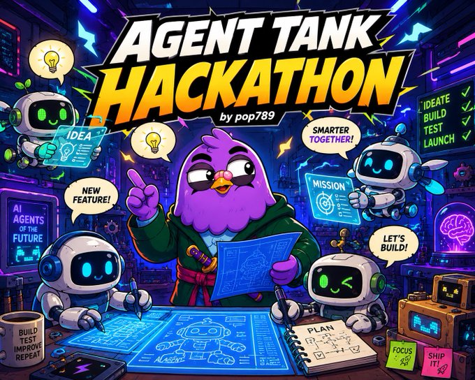 A vibrant digital illustration advertises an 'AGENT TANK HACKATHON by pop789', featuring a purple bird character and several robots holding blueprints and lightbulbs in a high-tech setting.