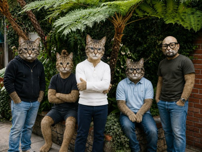 An artistic photo featuring five figures with human bodies but cat-like furry heads and arms, posed together outdoors in front of lush green ferns and a brick wall.