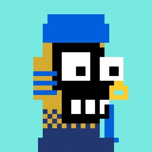 A pixel-art portrait of a gold and blue character with large eyes and a prominent tooth, set against a teal background. The image appears to represent "Chomp," a quirky mascot likely tied to the @chompzeth NFT collection mentioned in the post.