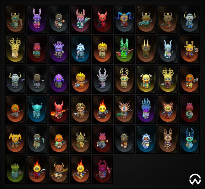 Grid display of colorful cartoon-style NFT or collectible character avatars with various horns, helmets, and themed designs.