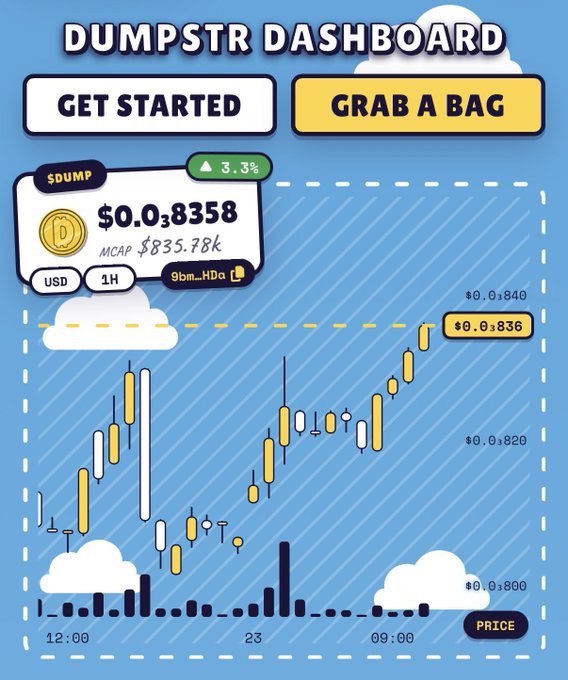 A 'DUMPSTR DASHBOARD' screen displays the $DUMP cryptocurrency token at $0.0₈8358 with a 3.3% increase, an MCAP of $835.78k, and a candlestick price chart.