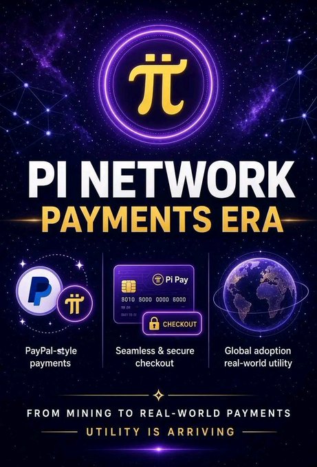 Pi Network promotional graphic titled 'PI NETWORK PAYMENTS ERA' featuring the Pi coin logo and highlighting features like PayPal-style payments, secure checkout, and global adoption.