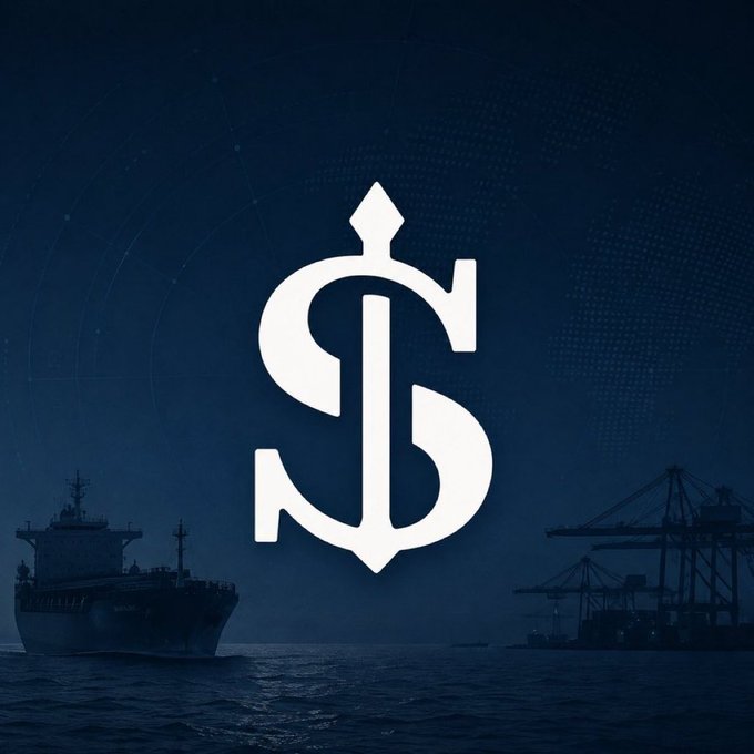 Stylized dollar sign logo over a dark maritime scene with cargo ships and port cranes, designed with a ship anchor motif.