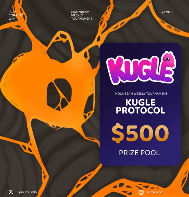 A promotional graphic for the Moonbeam Weekly Tournament featuring Kugle Protocol with a $500 prize pool, set against an orange and black splatter background. The "KUGLE" logo is prominently displayed in pink bubble letters with a small character icon, alongside tournament details and N3mus Foundation branding.