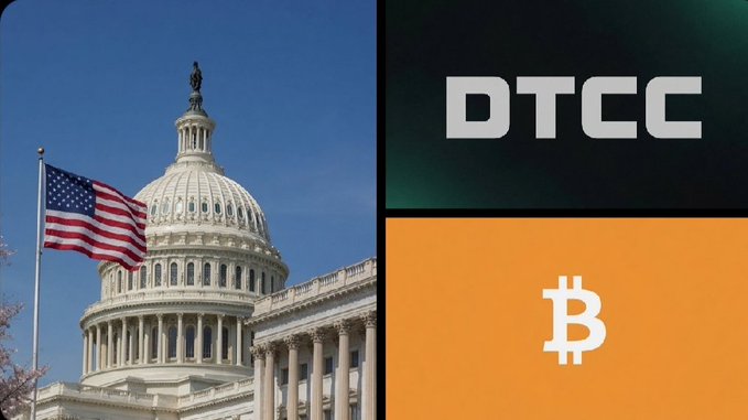 The image features a split composition: the U.S. Capitol building with an American flag on the left, alongside a "DTCC" logo on the top right and a Bitcoin symbol on an orange background on the bottom right, visually connecting potential U.S. regulatory action (CLARITY Act) with traditional financial infrastructure (DTCC) and the crypto market (Bitcoin).