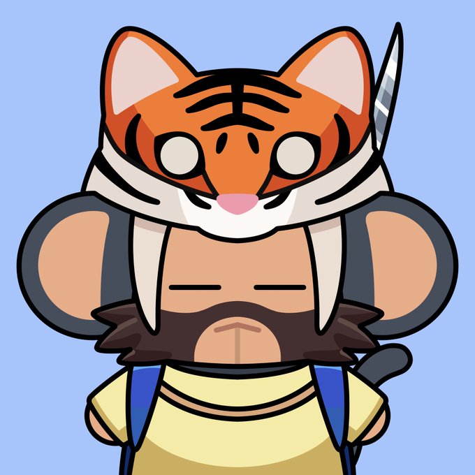 A digital cartoon illustration of a character wearing an orange tiger headpiece and a yellow shirt with blue backpack straps, holding a sword behind their head against a solid blue background.