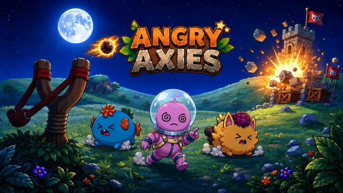 Promotional artwork for the game 'ANGRY AXIES' featuring cartoon Axolotl-like characters, including one in a space suit, against a night sky with a full moon, a slingshot, and a castle being destroyed by an explosion.
