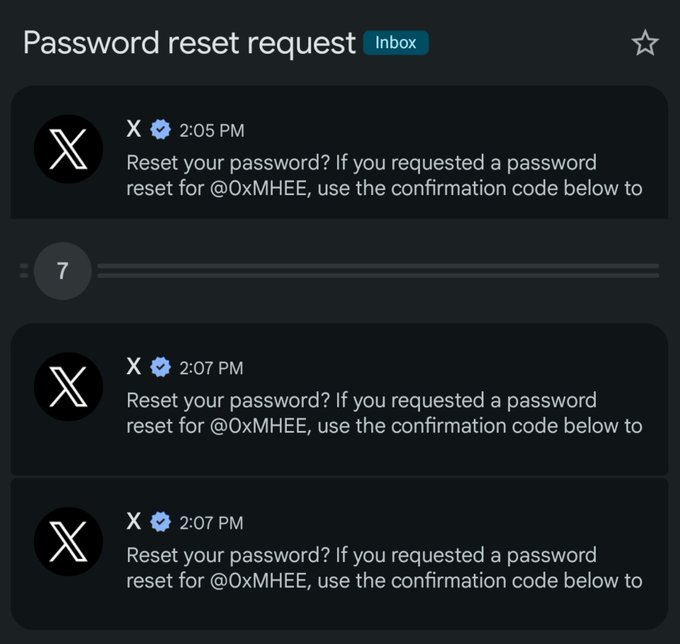 A screenshot of an email inbox showing multiple password reset requests from X (formerly Twitter) for the account @OxMHEE, sent at 2:05 PM, 2:07 PM, and 2:07 PM.