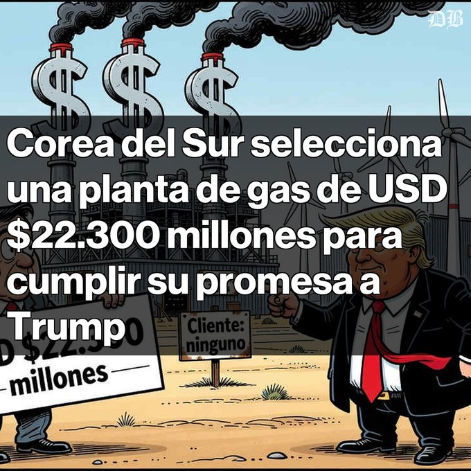 An illustration with Spanish text 'Corea del Sur selecciona una planta de gas de USD $22.300 millones para cumplir su promesa a Trumpo', showing dollar signs and a Donald Trump caricature.