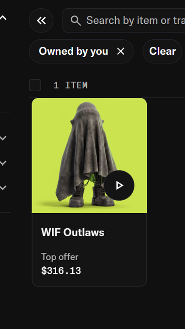 A mobile screenshot of an NFT listing for 'WIF Outlaws' with a top offer of $316.13, showing a 3D figure draped in a gray cloak against a bright yellow-green background, filtered by 'Owned by you'.