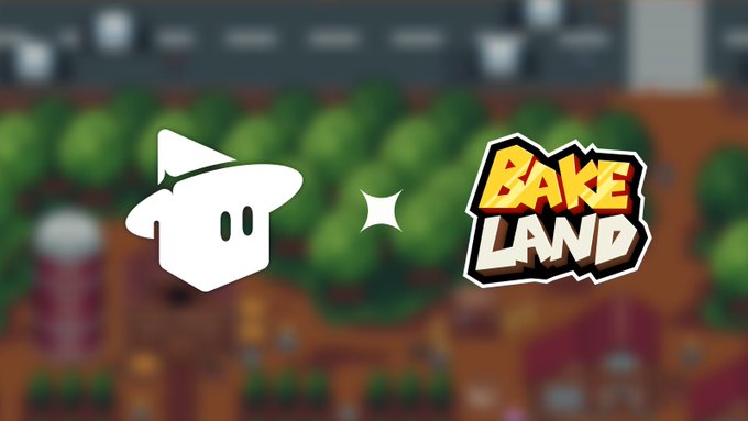 A promotional graphic featuring a ghost-like wizard character logo on the left and a stylized 'Bake Land' logo on the right, set against a blurred pixel-art background.
