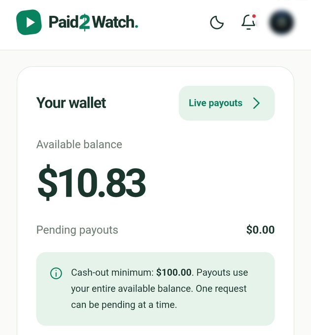 A 'Paid2Watch' wallet dashboard shows an available balance of '$10.83' with pending payouts at '$0.00' and a note stating a cash-out minimum of '$100.00.'