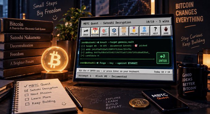 A desk setup featuring a computer monitor displaying a terminal window for an 'MBTC Quest - Satoshi Decryption' game, accompanied by books titled 'Bitcoin: A Peer-to-Peer Electronic Cash System' and 'Satoshi Nakamoto', and a glowing Bitcoin lamp.