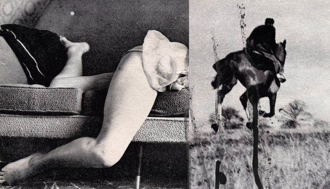 This black-and-white collage combines a photograph of a person lying on a bed with a vintage-style image of a person riding a horse. The image serves as the visual for an NFT listing titled "Unsettled 1/1 850 tez/ $196."