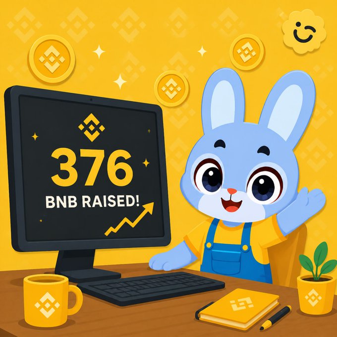A cheerful blue cartoon bunny in overalls celebrates at a desk beside a monitor displaying "376 BNB RAISED!" with an upward trending arrow, complemented by Binance coins, a branded mug, notebook, and plant—visually matching the post's celebration of reaching 376 BNB raised toward the next milestone.